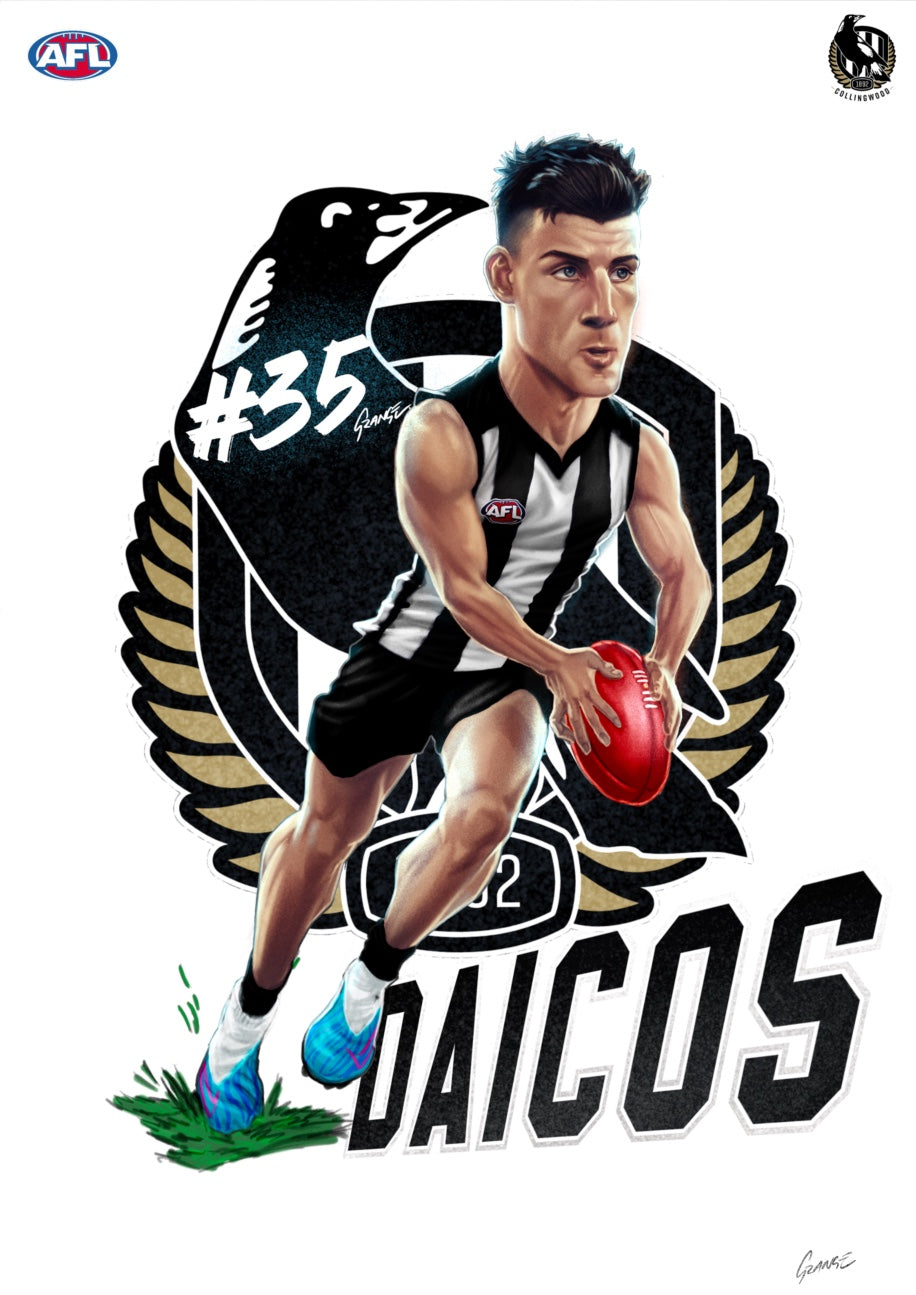Collingwood Magpies – Nick Daicos | AFL Player Caricature Poster by Grange Wallis