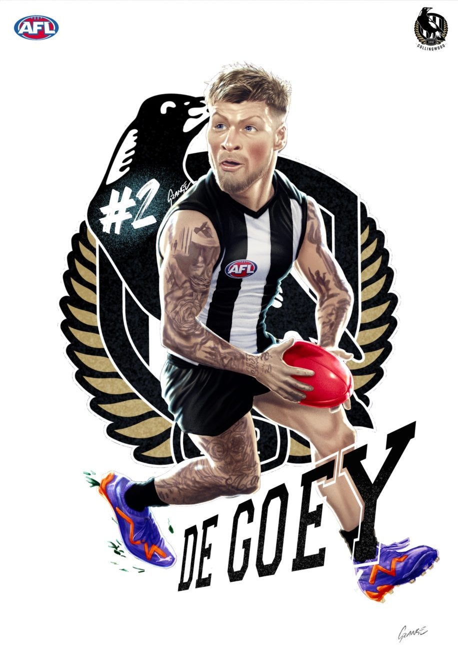 Collingwood Magpies – Jordan De Goey | AFL Player Caricature Poster by Grange Wallis
