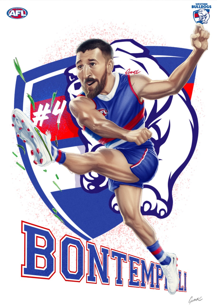 Western Bulldogs – Marcus Bontempelli | AFL Player Caricature Poster by Grange Wallis