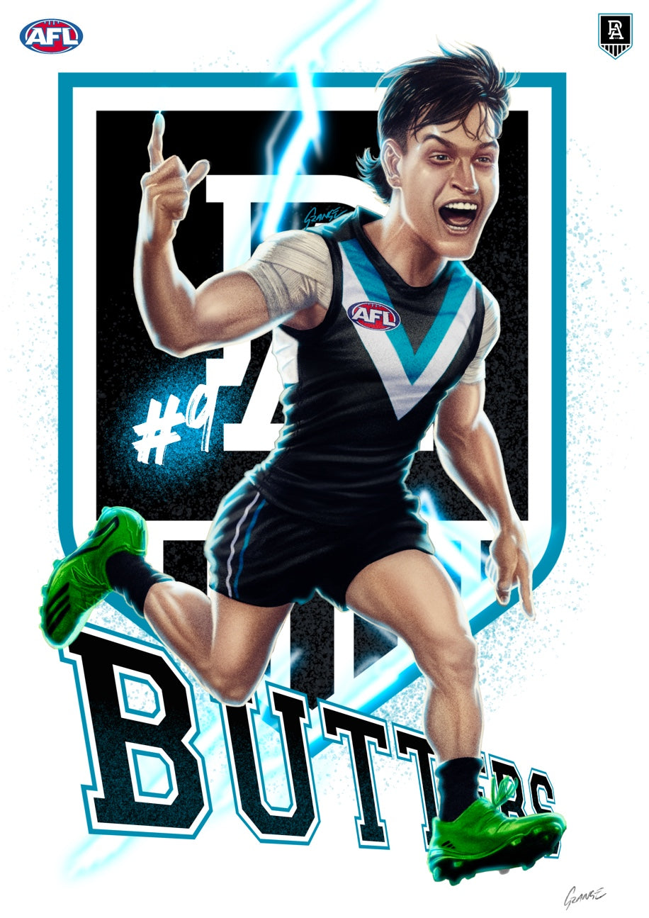 Port Adelaide Power – Zak Butters | AFL Player Caricature Poster by Grange Wallis