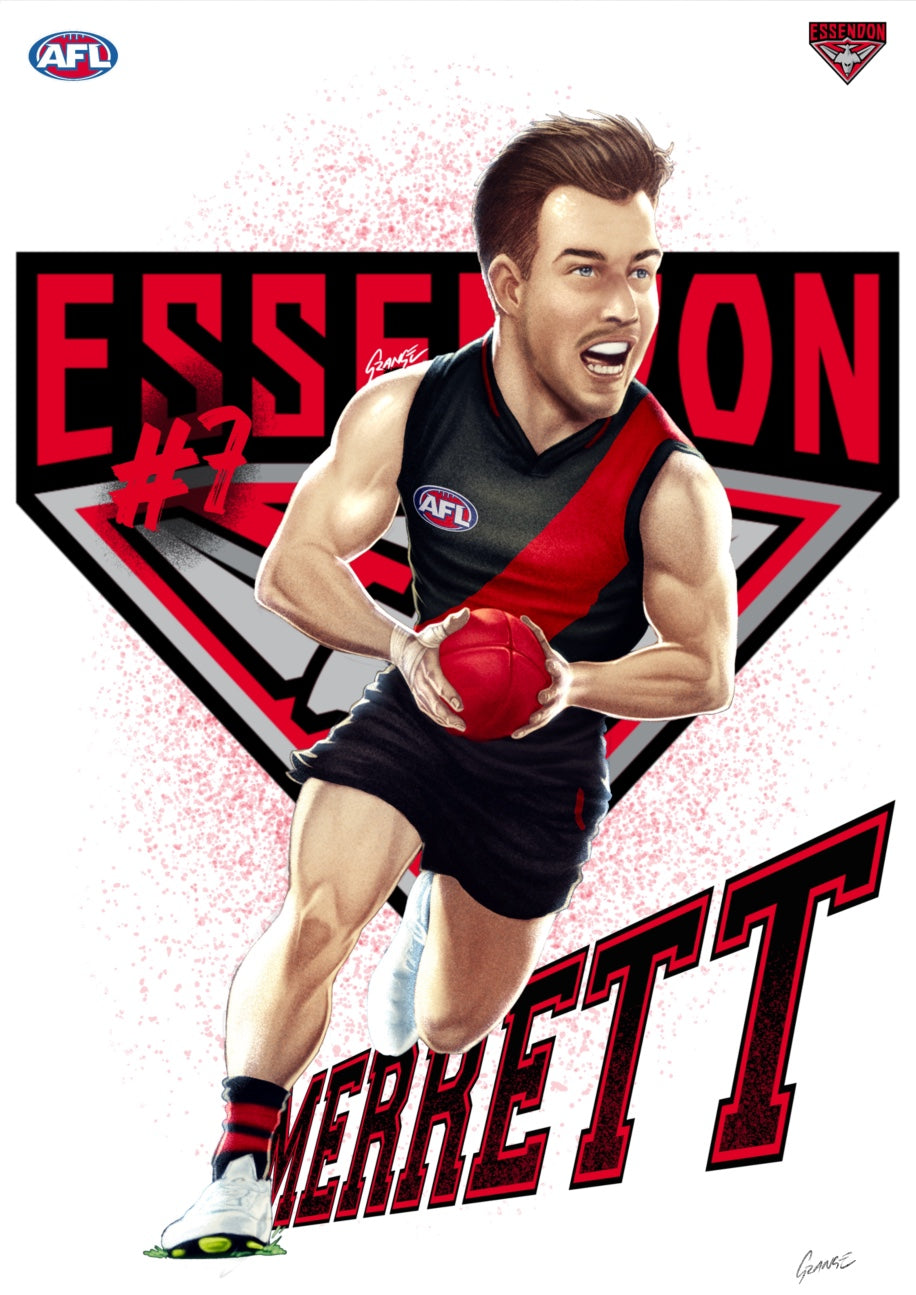 Essendon Bombers – Zack Merrett | AFL Player Caricature Poster by Grange Wallis