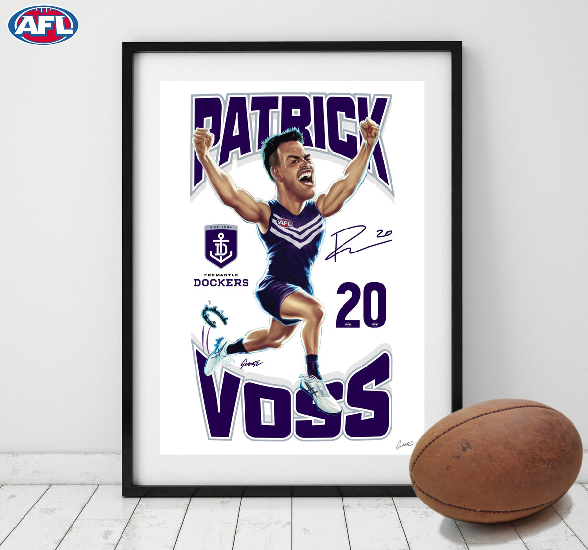 Fremantle Dockers – Patrick Voss | AFL Player Caricature Poster by Grange Wallis