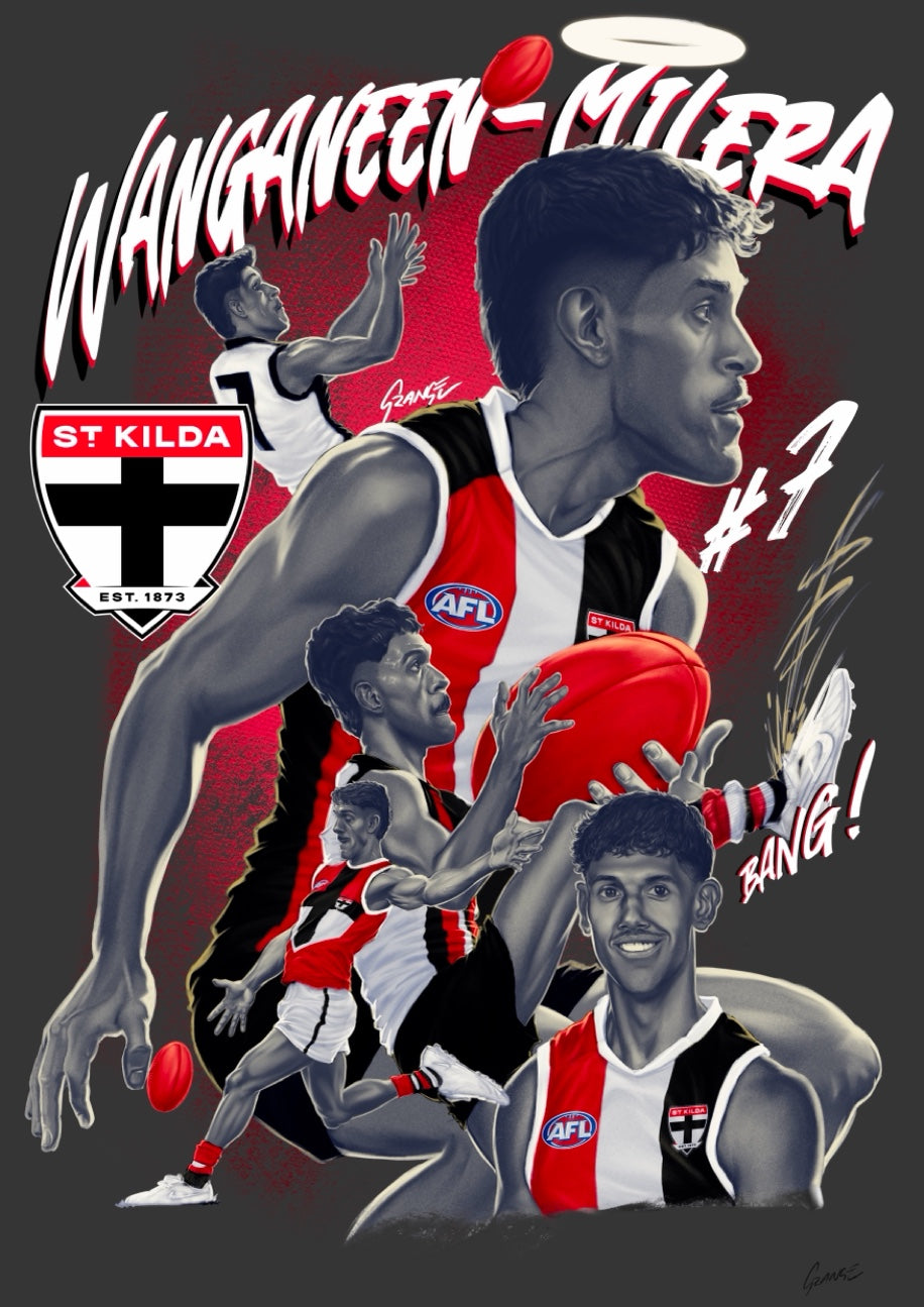 St Kilda Saints – Nasiah Wanganeen-Milera | AFL Player Caricature Mash-Up Poster by Grange Wallis