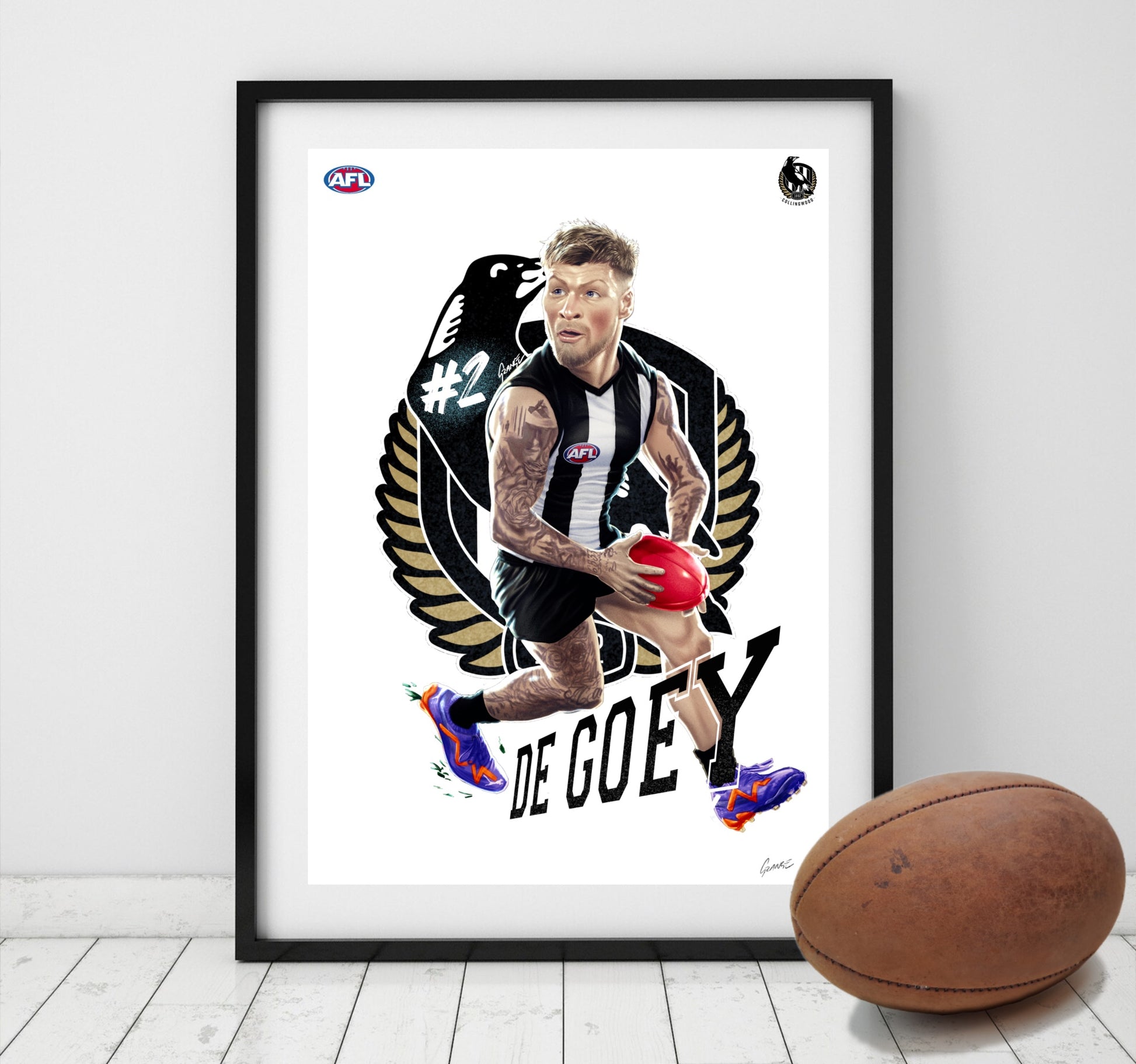Jordan De Goey Collingwood Magpies AFL player caricature poster by Grange Wallis