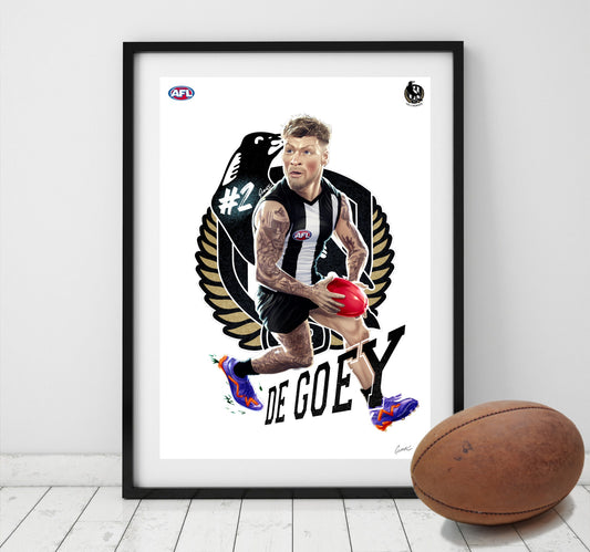 Jordan De Goey Collingwood Magpies AFL player caricature poster by Grange Wallis