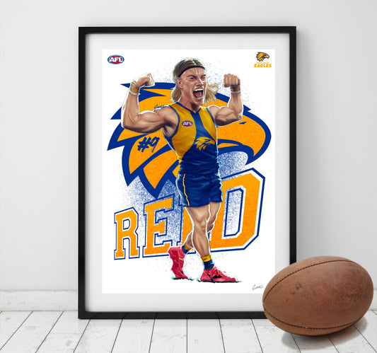 Harley Reid West Coast Eagles AFL player caricature poster by Grange Wallis