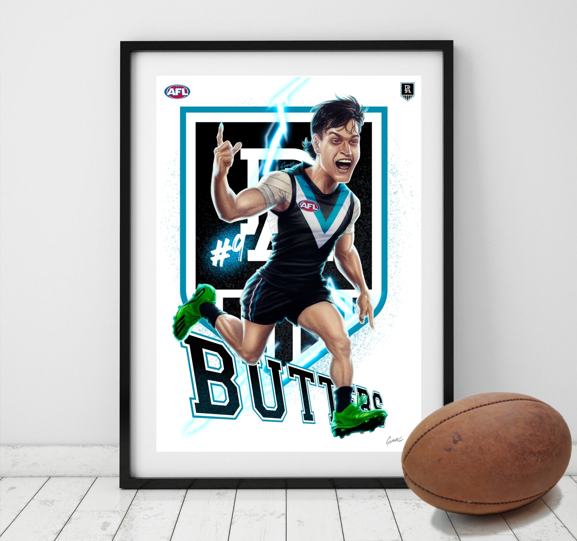 Zak Butters Port Adelaide Power AFL player caricature poster by Grange Wallis