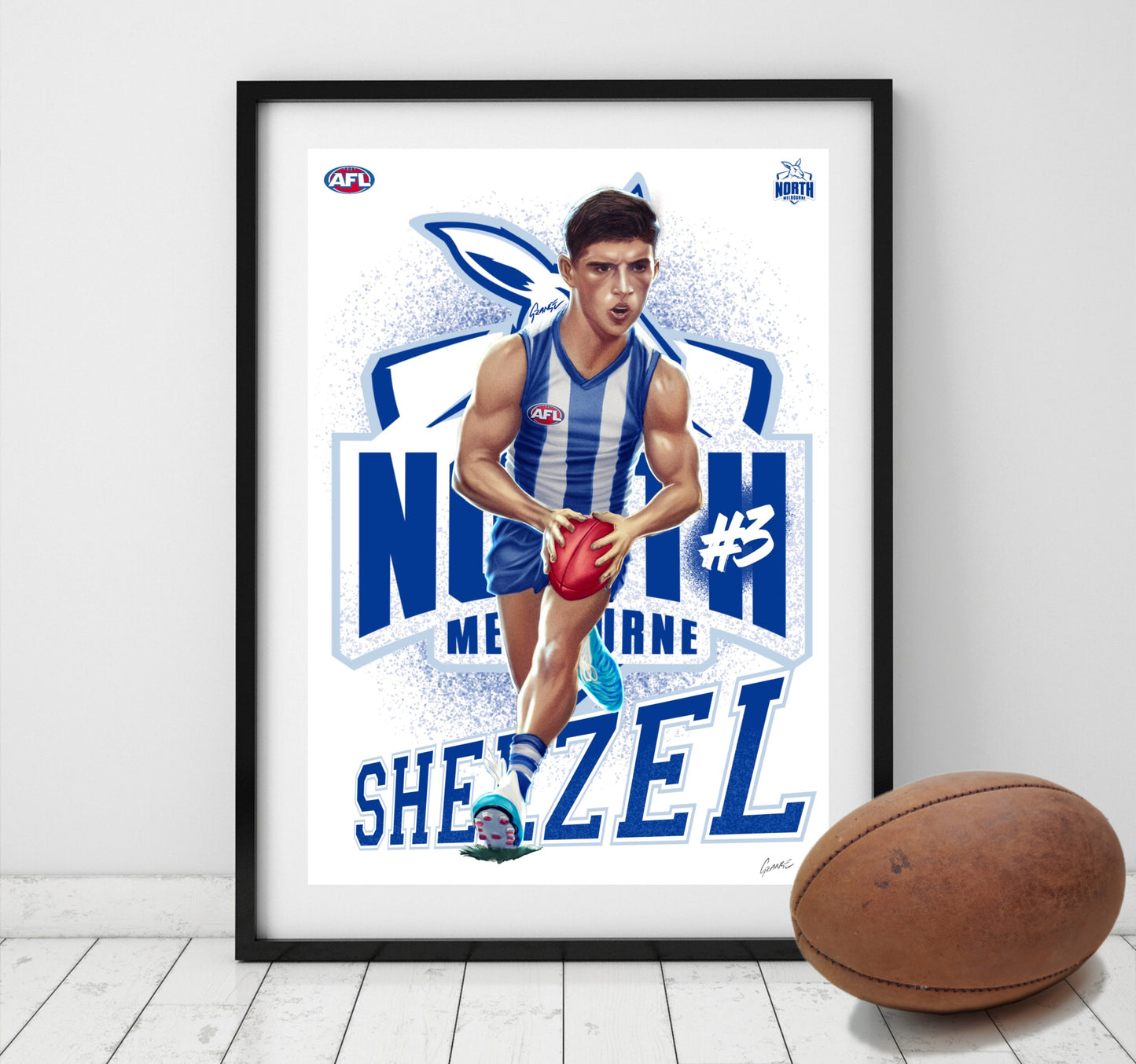 Harry Sheezel North Melbourne Kangaroos AFL player caricature poster by Grange Wallis