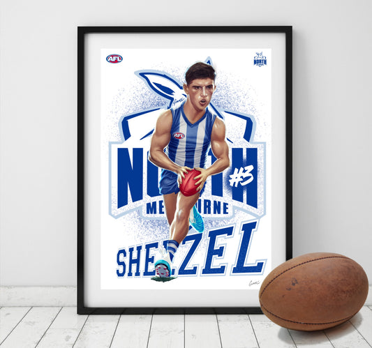 Harry Sheezel North Melbourne Kangaroos AFL player caricature poster by Grange Wallis