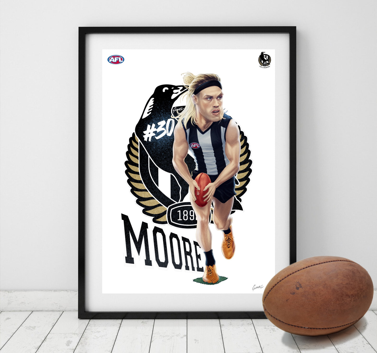 Darcy Moore Collingwood Magpies AFL player caricature poster by Grange Wallis