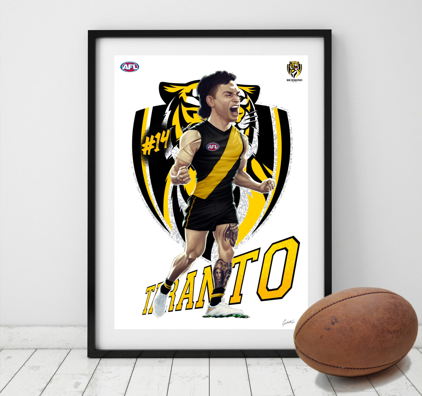 Tim Taranto Richmond Tigers AFL player caricature poster by Grange Wallis
