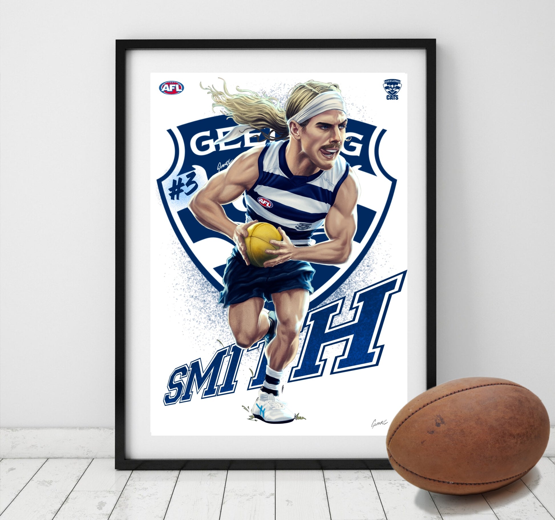 Bailey Smith Geelong Cats AFL player caricature poster by Grange Wallis