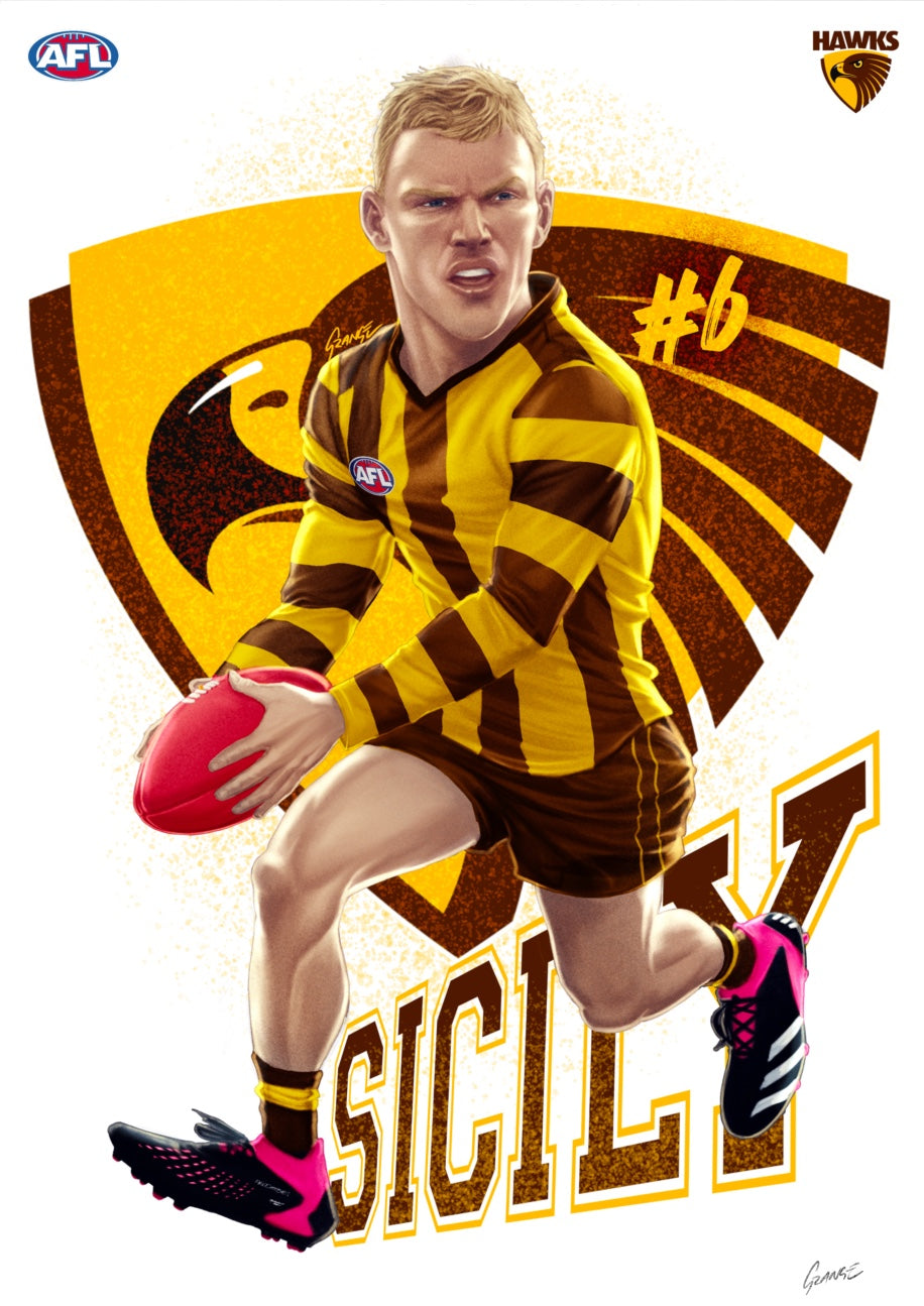Hawthorn Hawks – James Sicily | AFL Player Caricature Poster by Grange Wallis