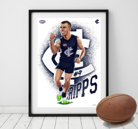 Patrick Cripps Carlton Blues AFL player caricature poster by Grange Wallis