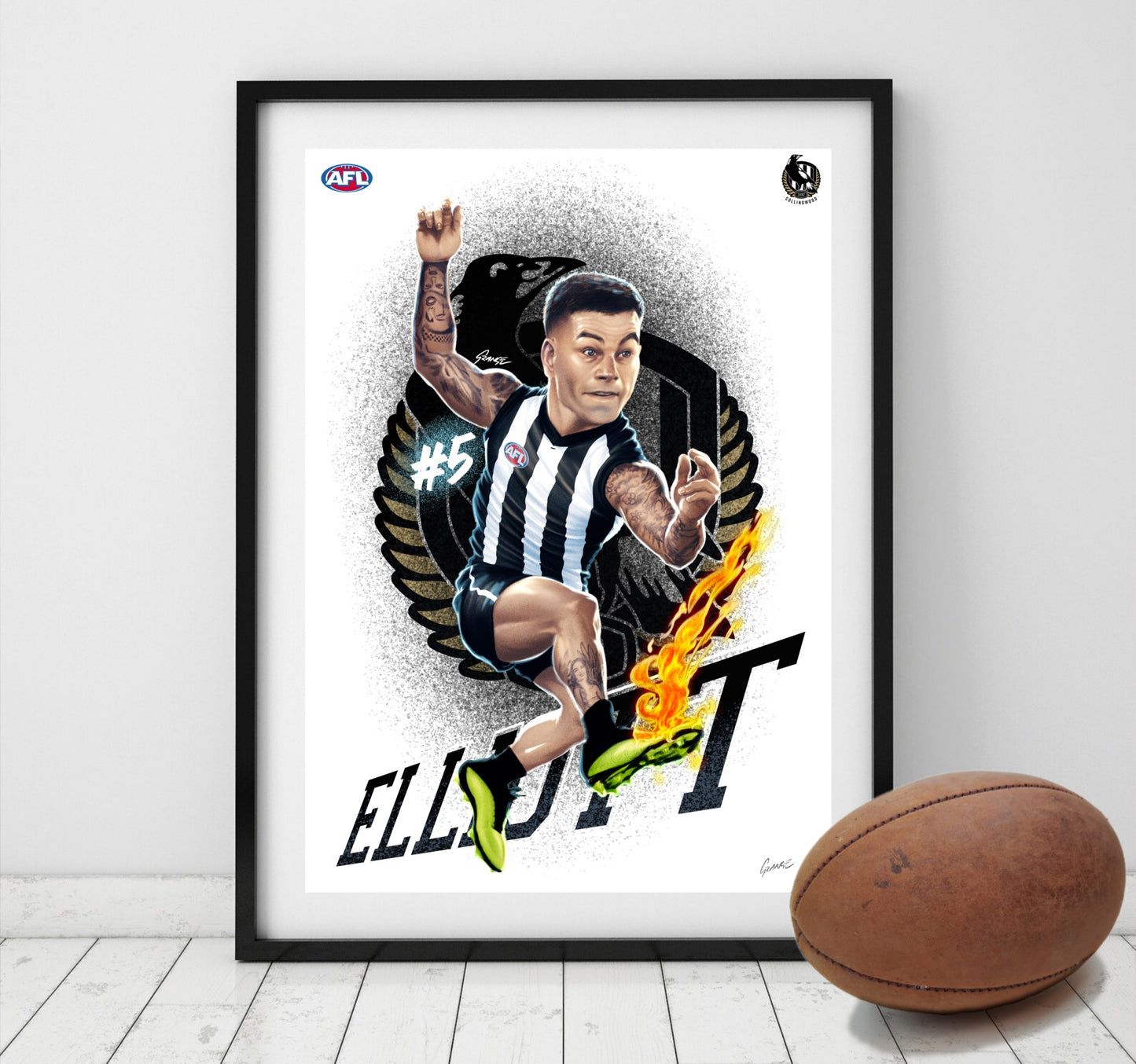 Jamie Elliott Collingwood Magpies AFL player caricature poster by Grange Wallis
