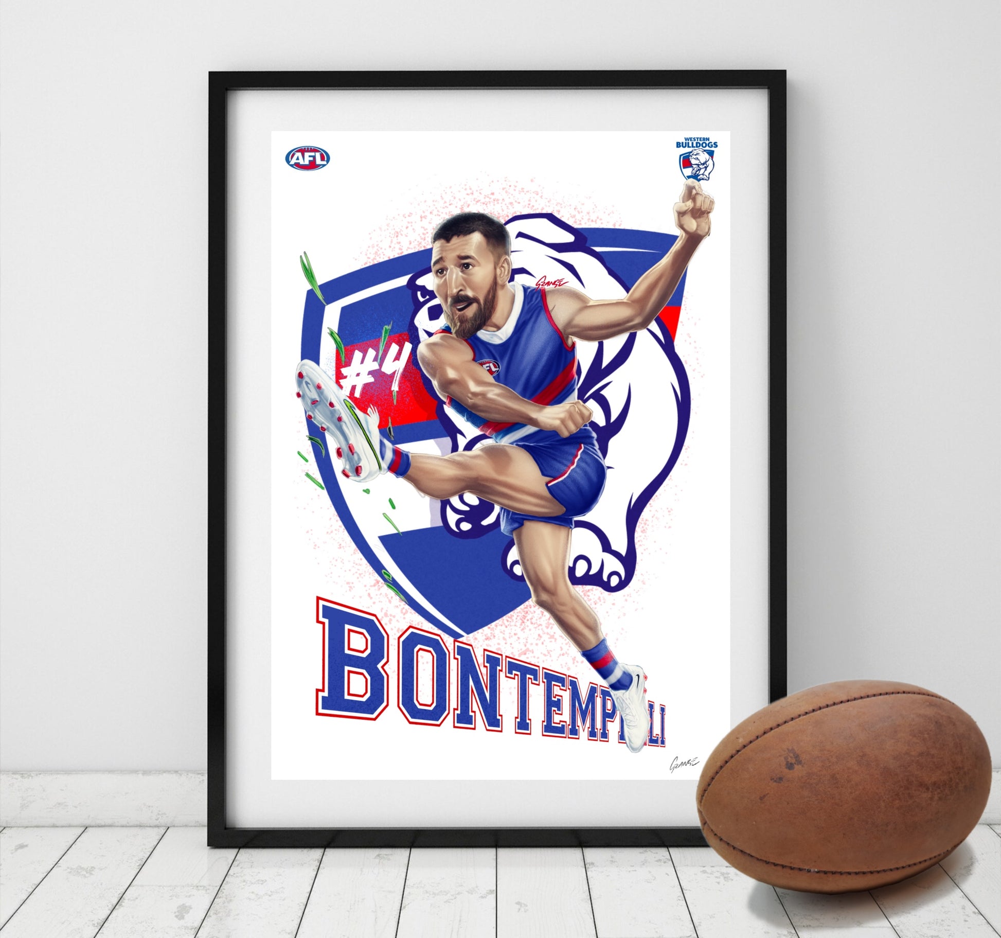 Marcus Bontempelli Western Bulldogs AFL player caricature poster by Grange Wallis