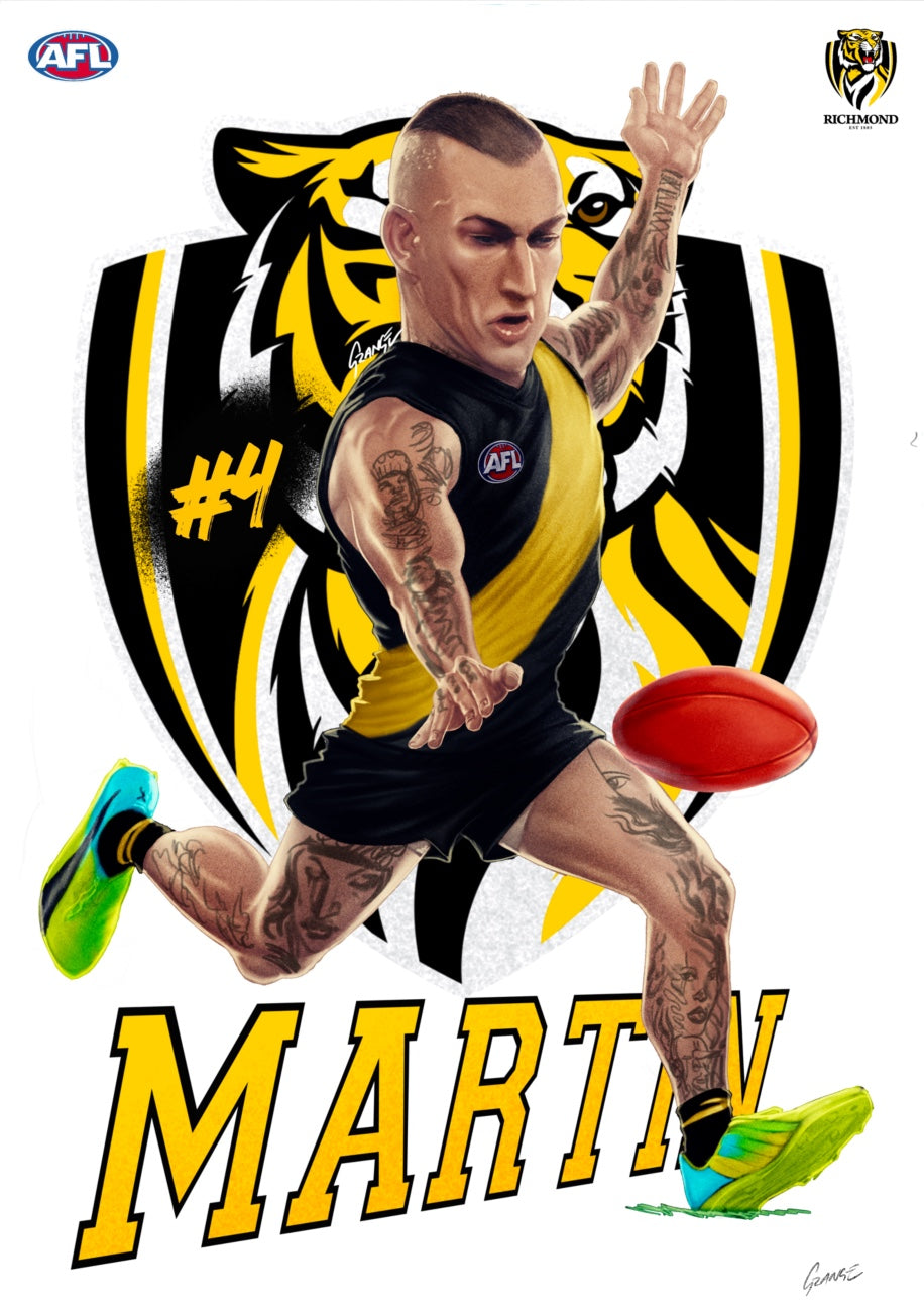 Richmond Tigers – Dustin Martin | AFL Player Caricature Poster by Grange Wallis