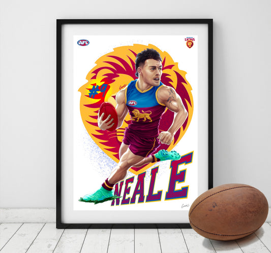 Lachie Neale Brisbane Lions AFL player caricature poster by Grange Wallis