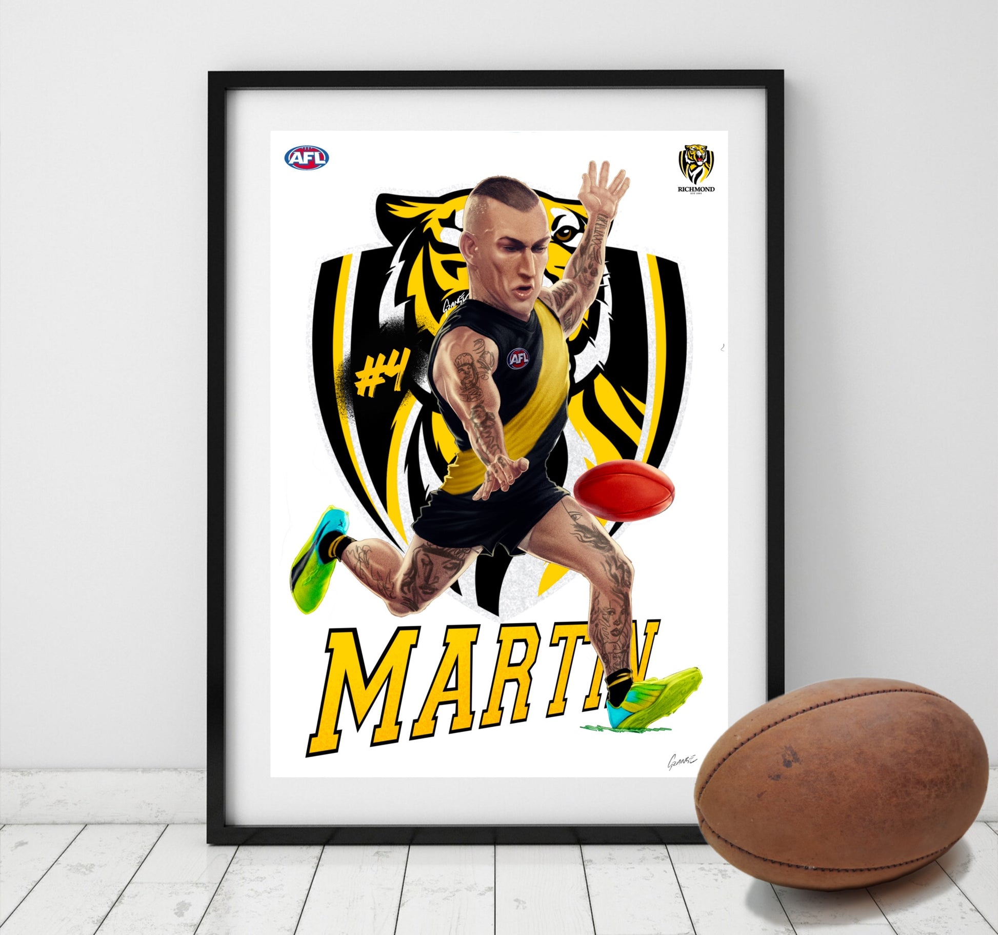 Dustin Martin Richmond Tigers AFL player caricature poster by Grange Wallis