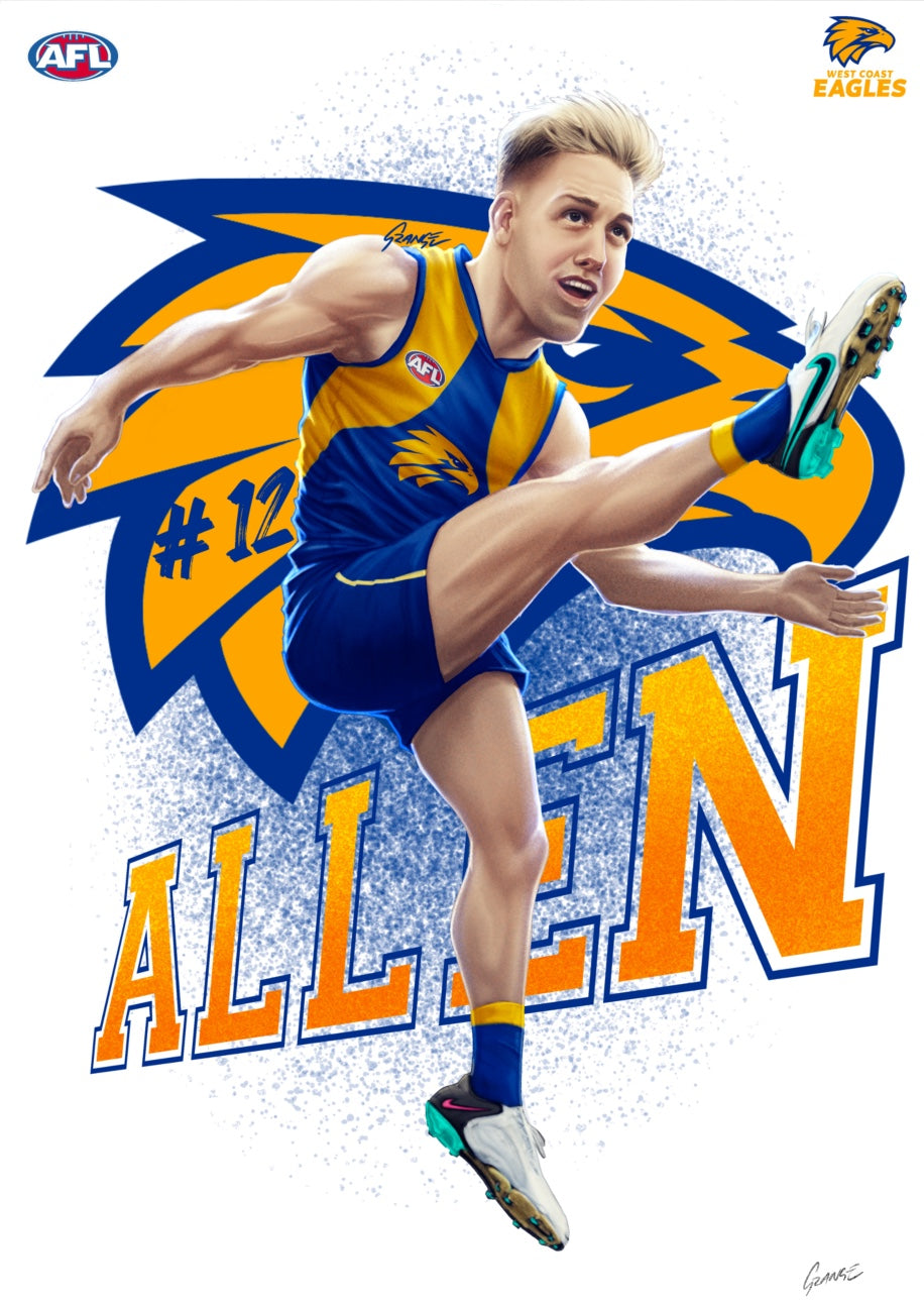 West Coast Eagles – Oscar Allen | AFL Player Caricature Poster by Grange Wallis