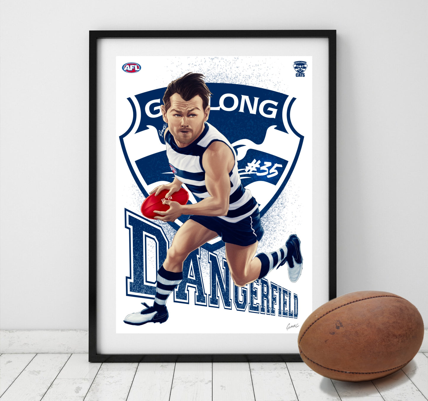 Patrick Dangerfield Geelong Cats AFL player caricature poster by Grange Wallis