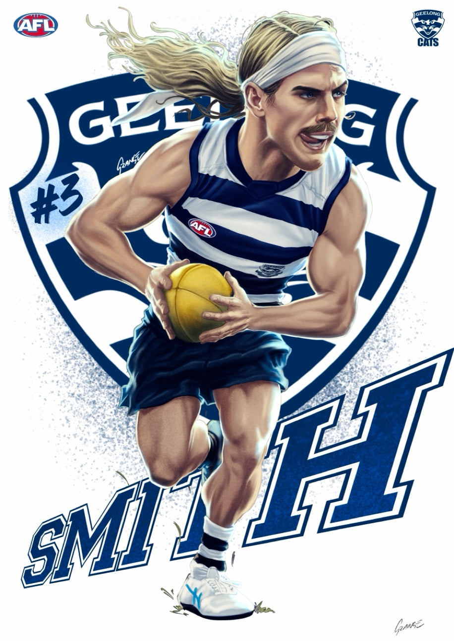 Geelong Cats - Bailey Smith - Player Caricature, Fine Art Poster By Grange Wallis (UNFRAMED)