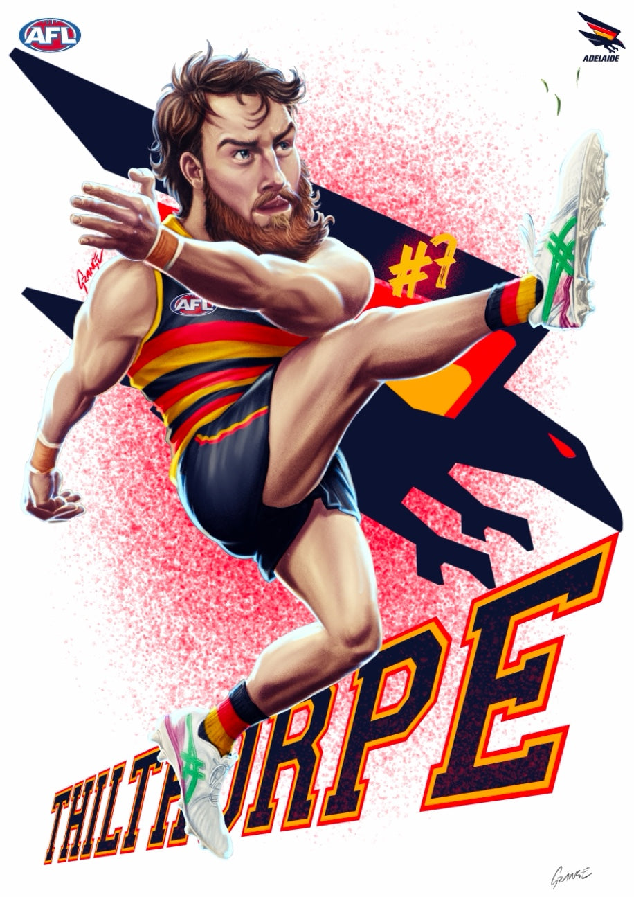 Adelaide Crows – Riley Thilthorpe | AFL Player Caricature Poster by Grange Wallis
