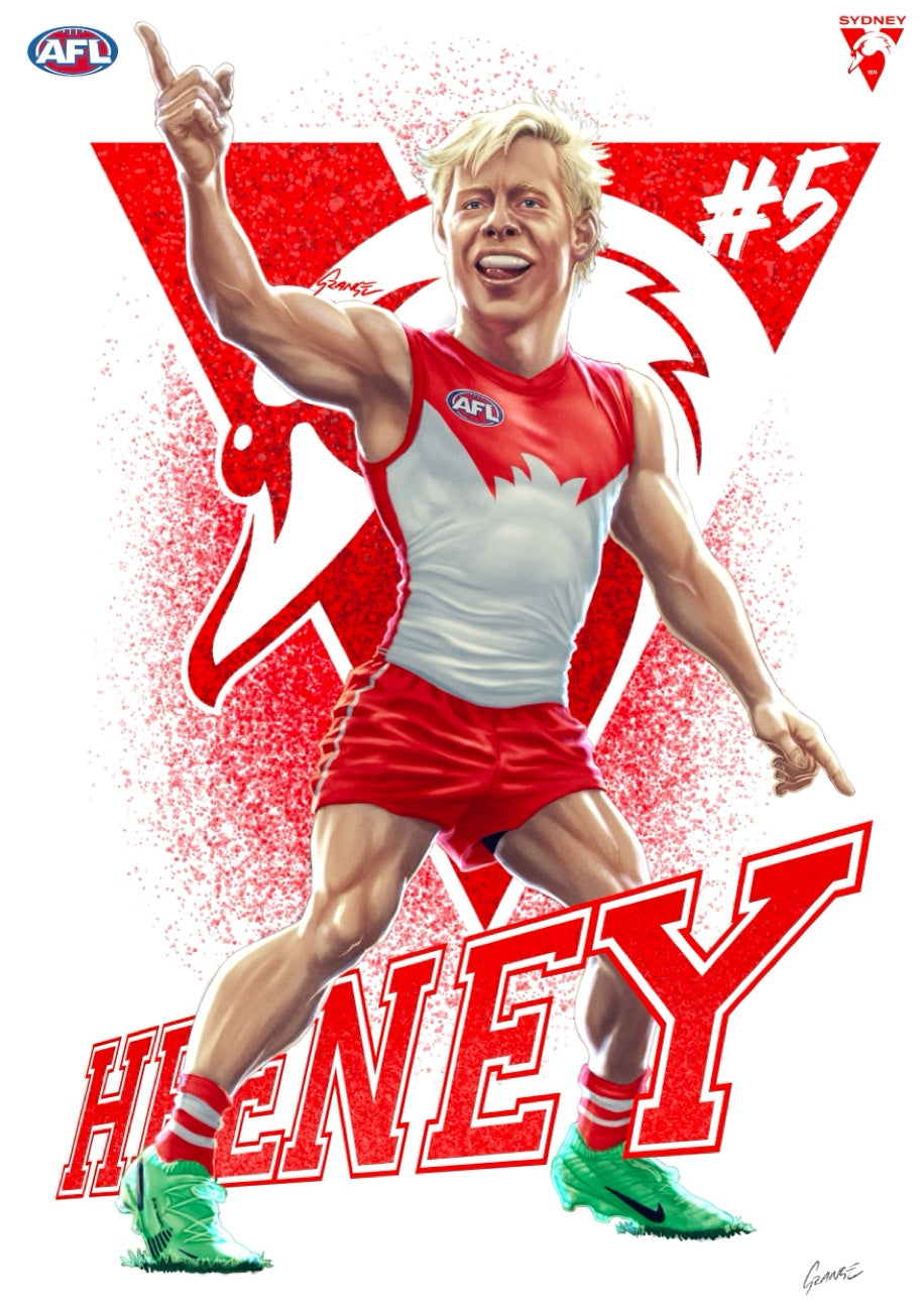 Sydney Swans – Issac Heeney | AFL Player Caricature Poster by Grange Wallis
