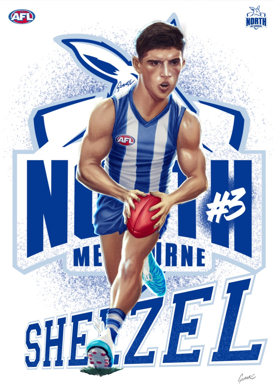 North Melbourne Kangaroos – Harry Sheezel | AFL Player Caricature Poster by Grange Wallis