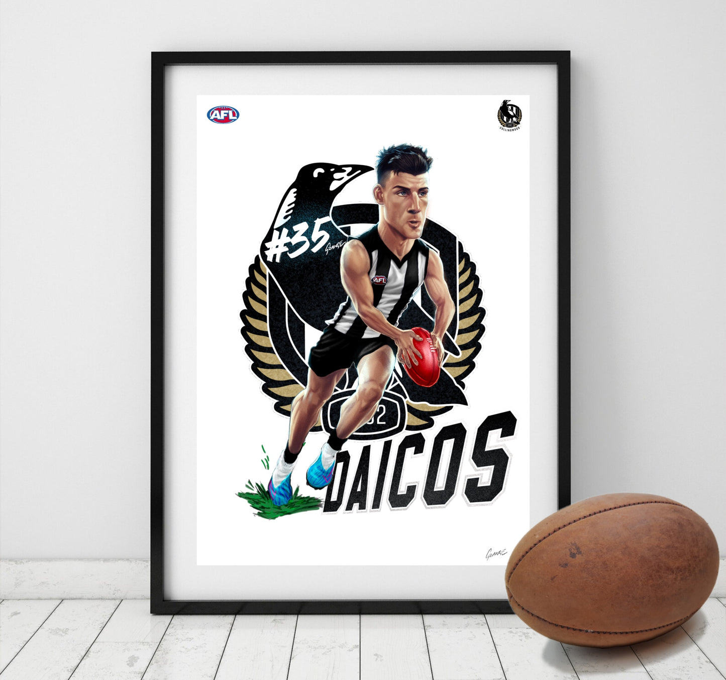 Nick Daicos Collingwood Magpies AFL player caricature poster by Grange Wallis