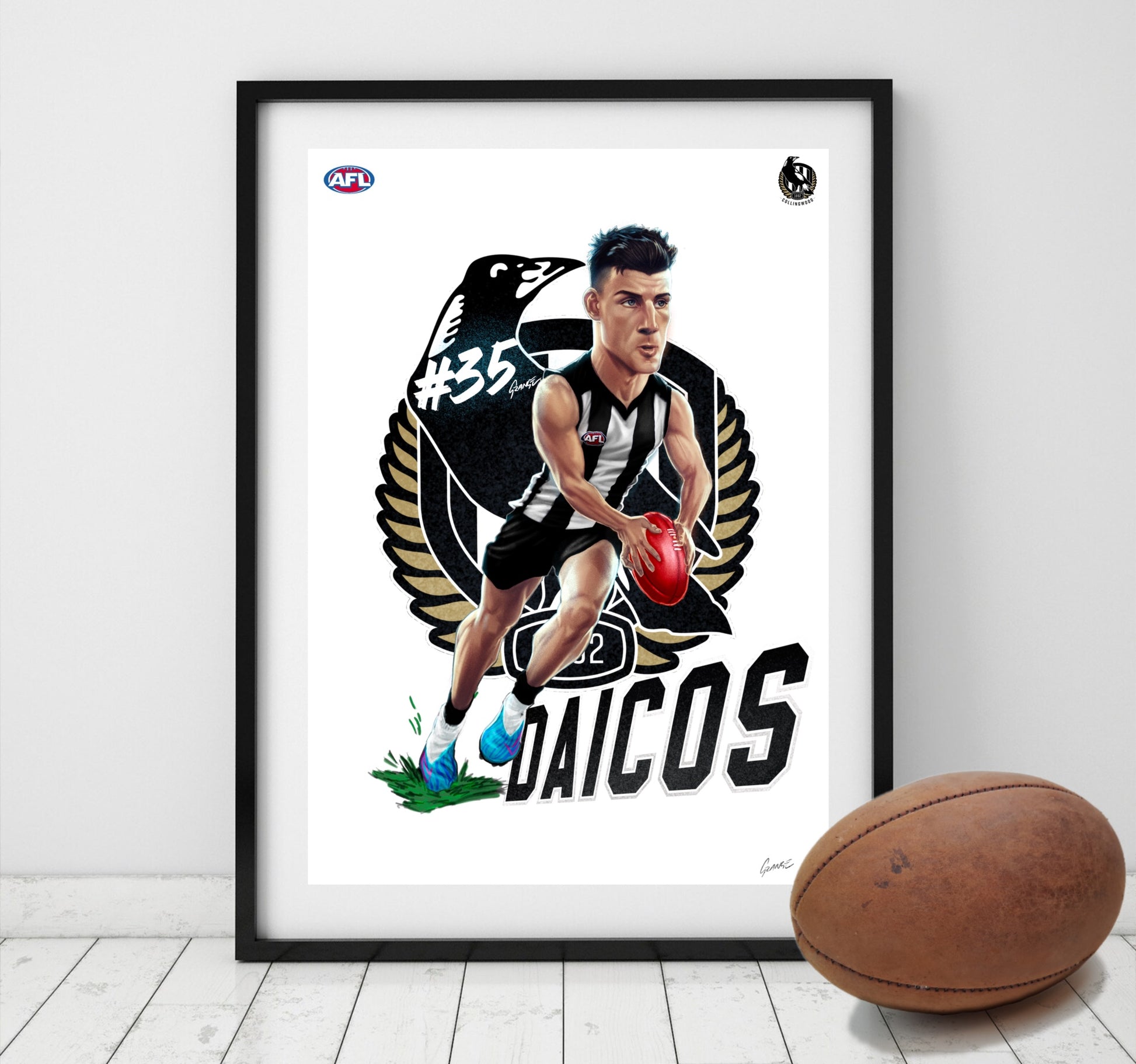 Nick Daicos Collingwood Magpies AFL player caricature poster by Grange Wallis