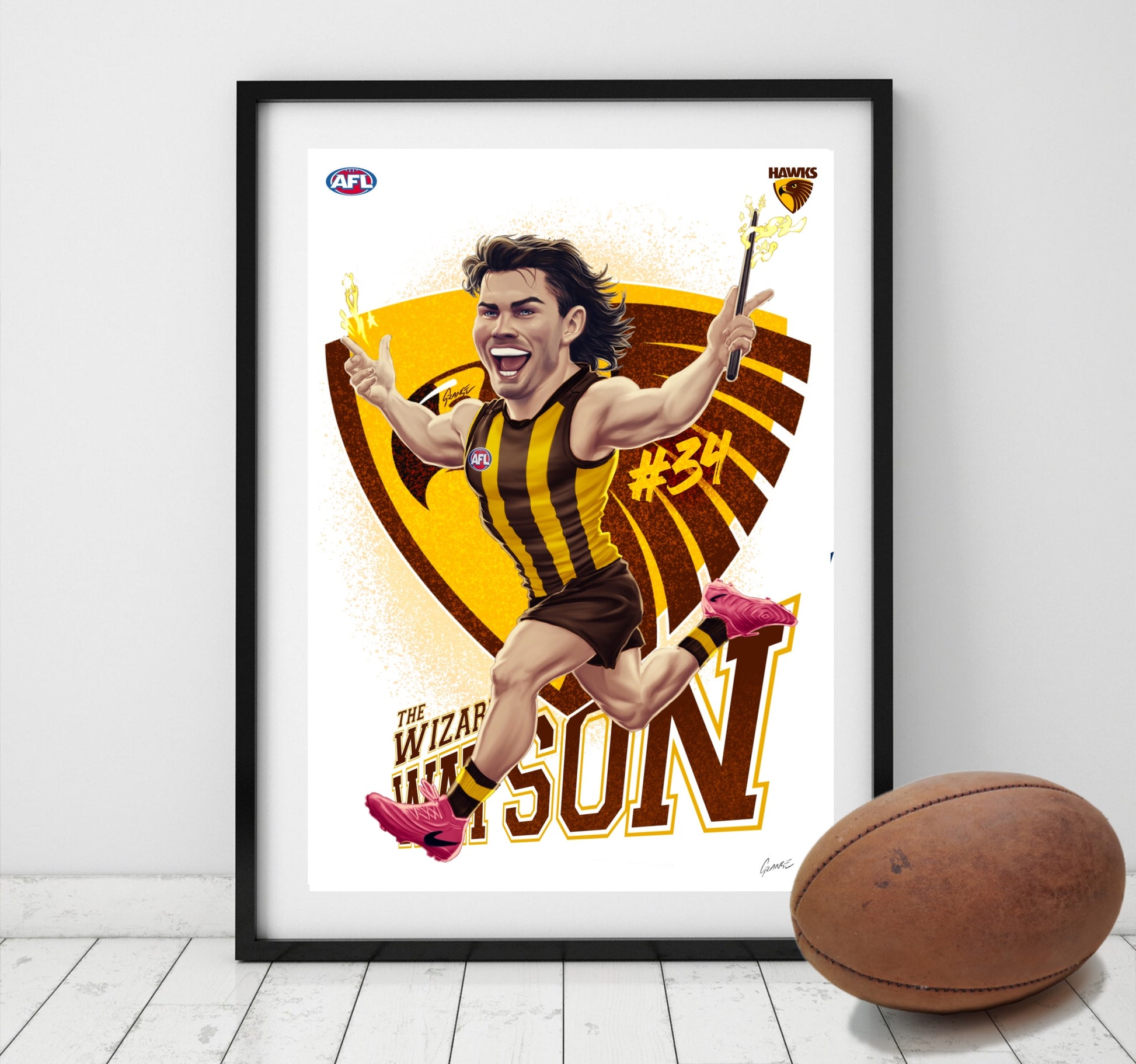 Nick 'The Wizard' Watson Hawthorn Hawks AFL player caricature poster by Grange Wallis