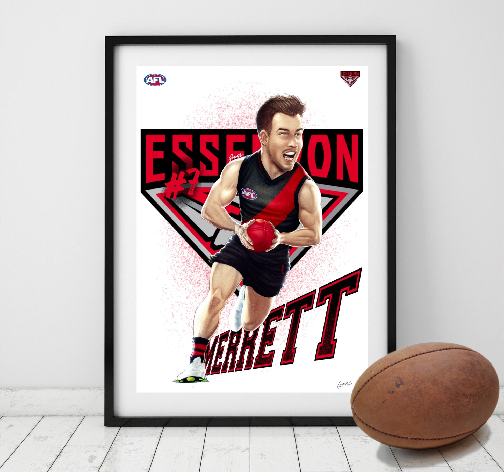 Zack Merrett Essendon Bombers AFL player caricature poster by Grange Wallis