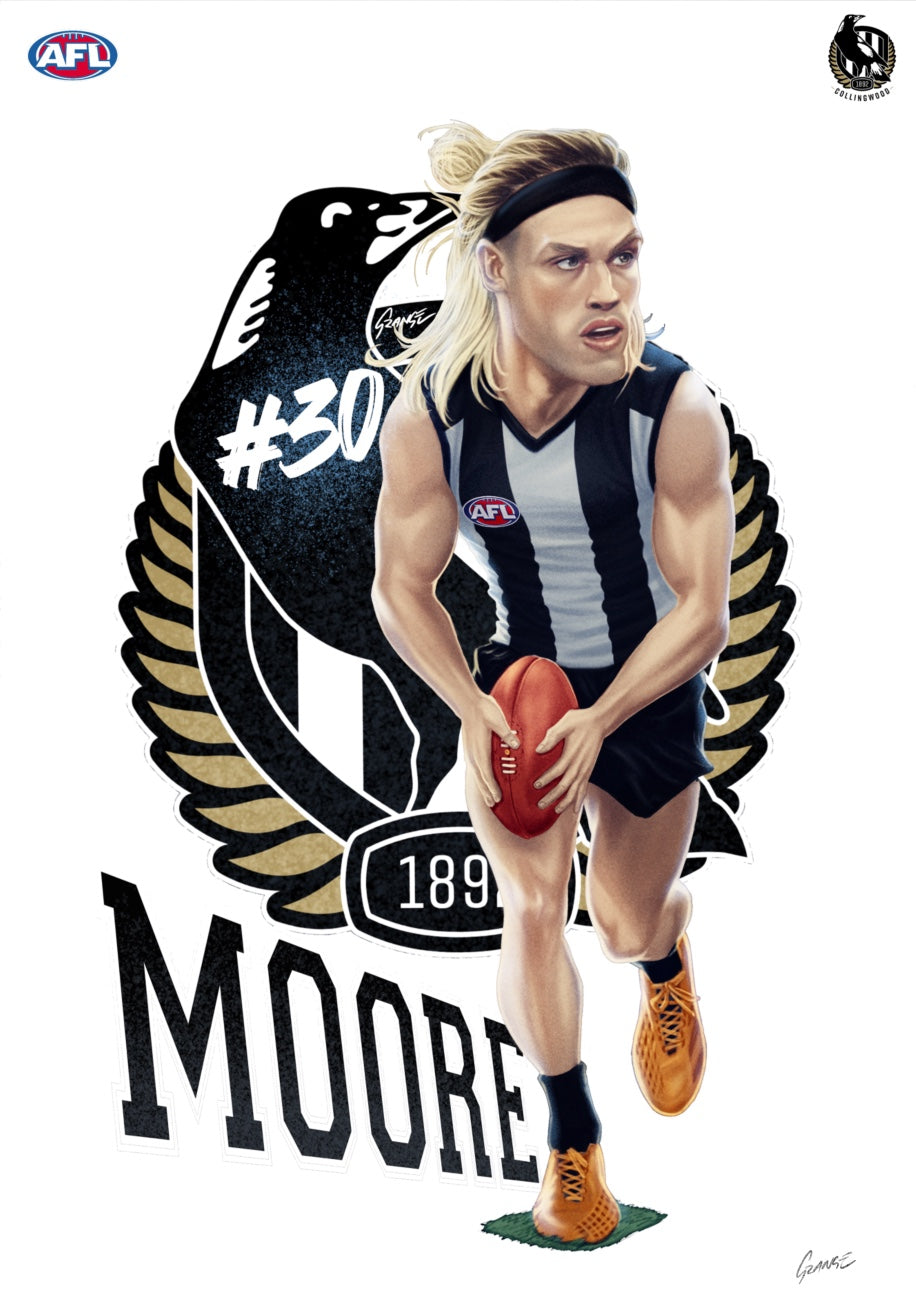 Collingwood Magpies – Darcy Moore | AFL Player Caricature Poster by Grange Wallis