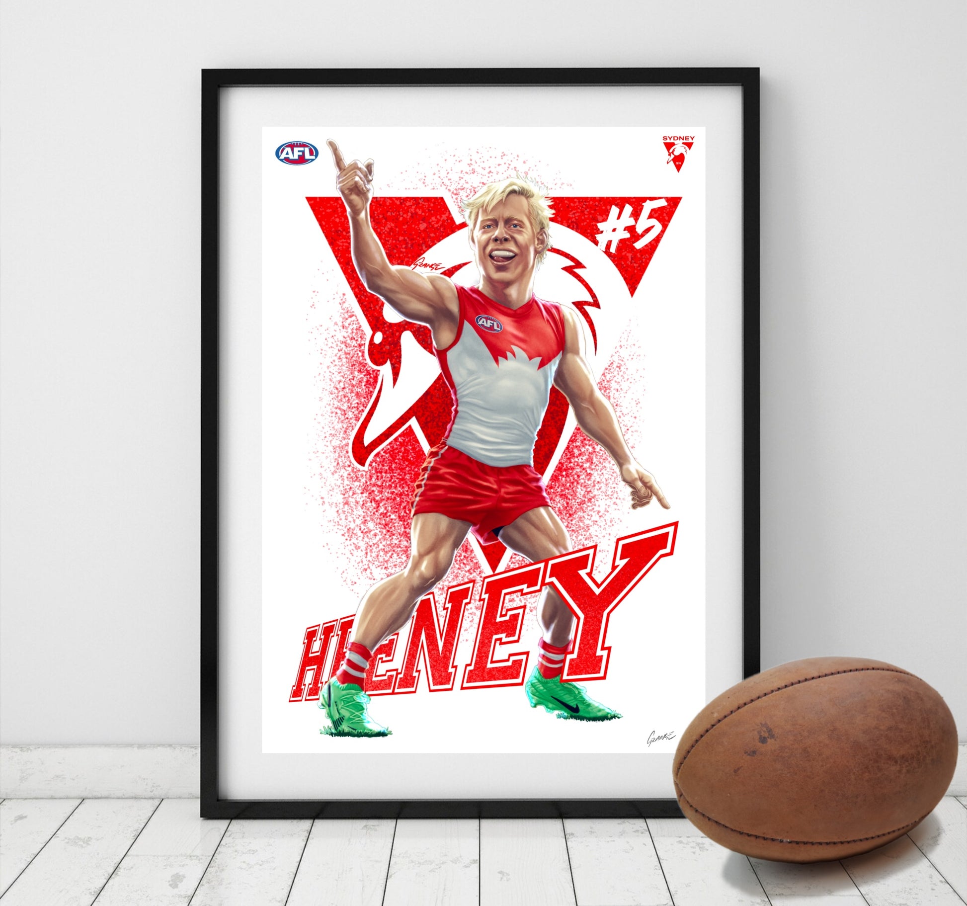 Issac Heeney Sydney Swans AFL player caricature poster by Grange Wallis