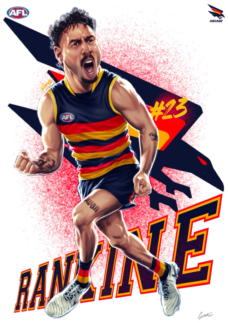 Adelaide Crows – Izak Rankine | AFL Player Caricature Poster by Grange Wallis