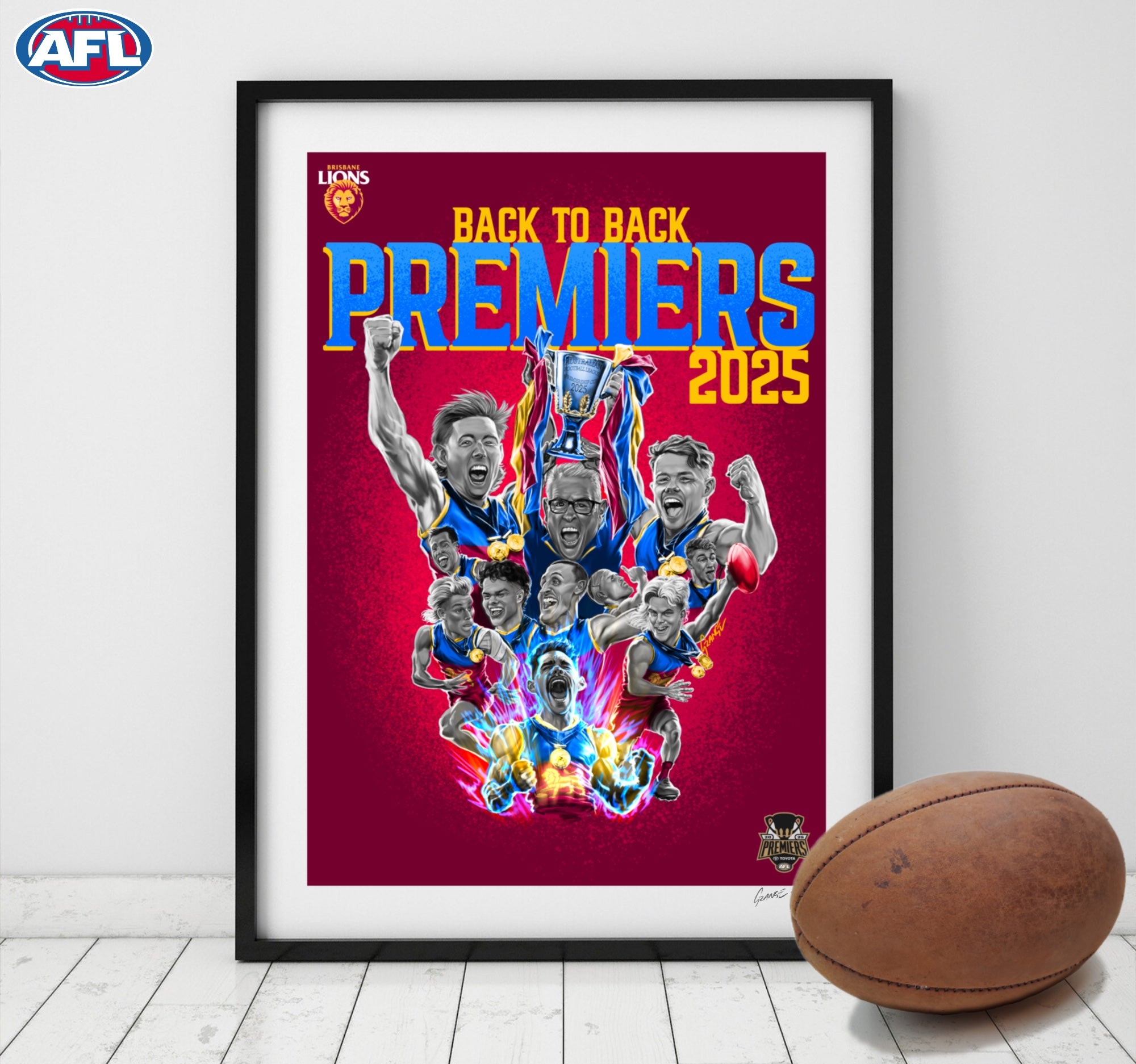 Brisbane Lions - Premiers - Back to Back 2025 - Fine Art Poster By Grange Wallis (UNFRAMED)