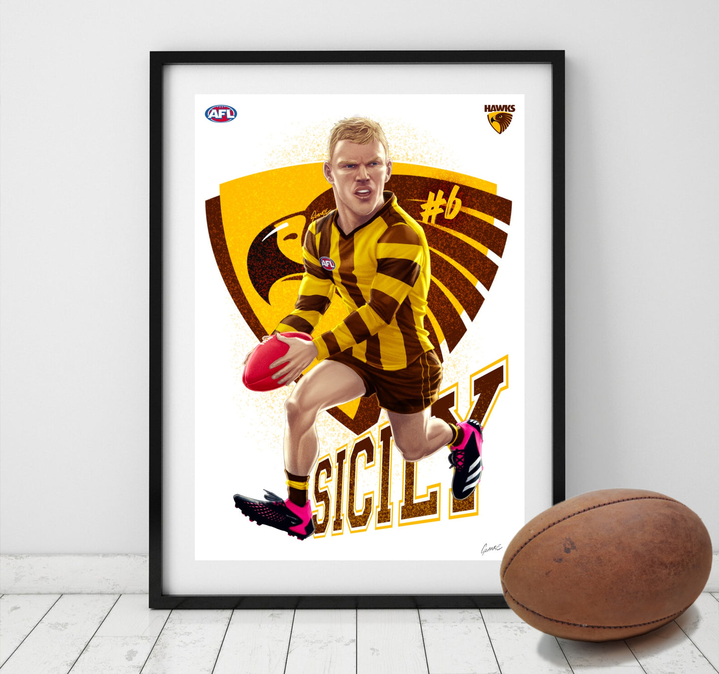 James Sicily Hawthorn Hawks AFL player caricature poster by Grange Wallis