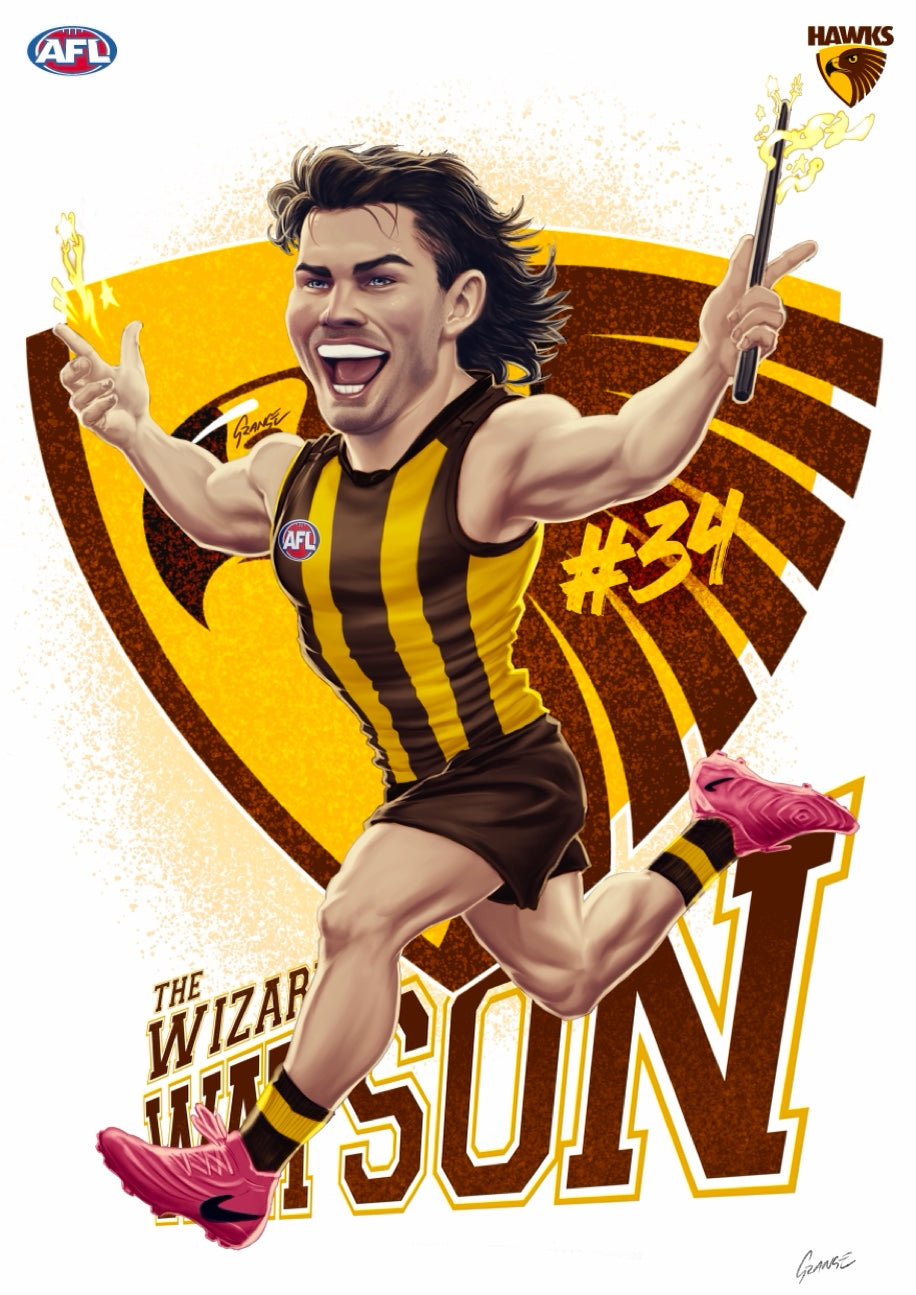 Hawthorn Hawks - Nick ‘The Wizard’ Watson - Player Caricature, Fine Art Poster By Grange Wallis (UNFRAMED)