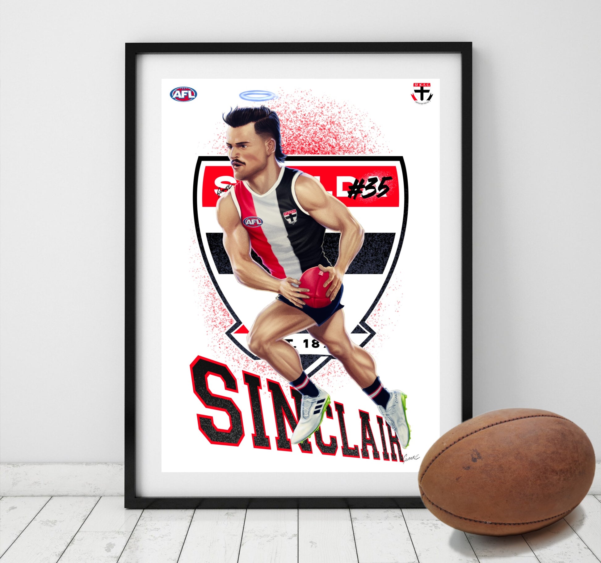 Jack Sinclair St Kilda Saints AFL player caricature poster by Grange Wallis