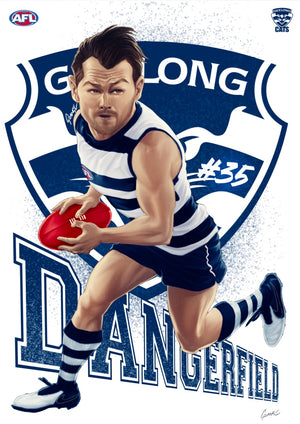 Geelong Cats - Patrick Dangerfield - Player Caricature, Fine Art Poster By Grange Wallis (UNFRAMED)