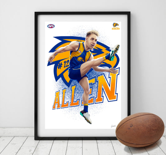 Oscar Allen West Coast Eagles AFL player caricature poster by Grange Wallis