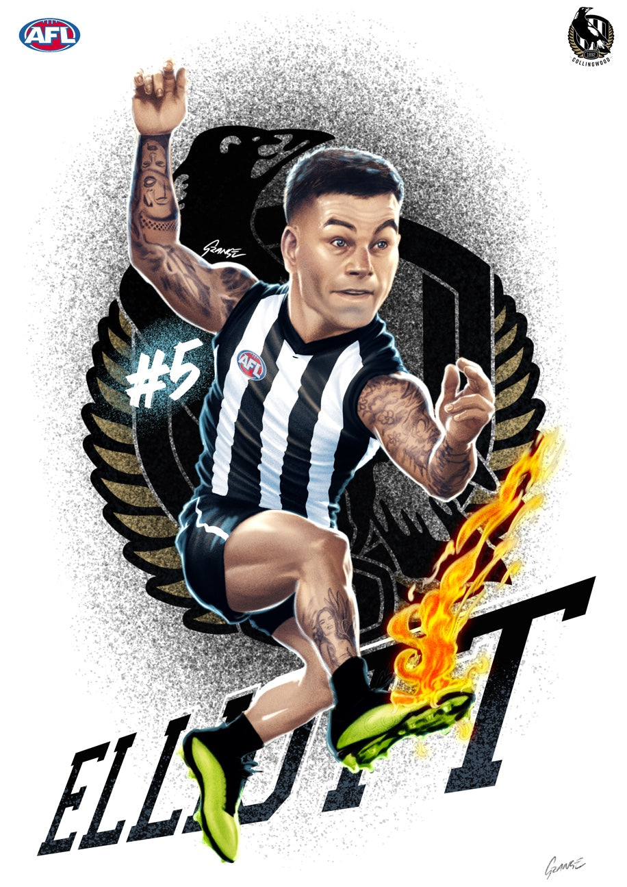 Collingwood Magpies - Jamie Elliott - Player Caricature, Fine Art Poster By Grange Wallis (UNFRAMED)