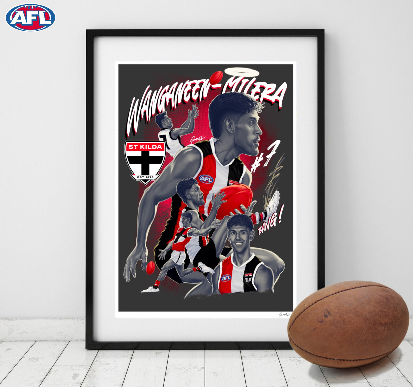 St Kilda Saints – Nasiah Wanganeen-Milera  | AFL Player Caricature Mash-Up Poster by Grange Wallis