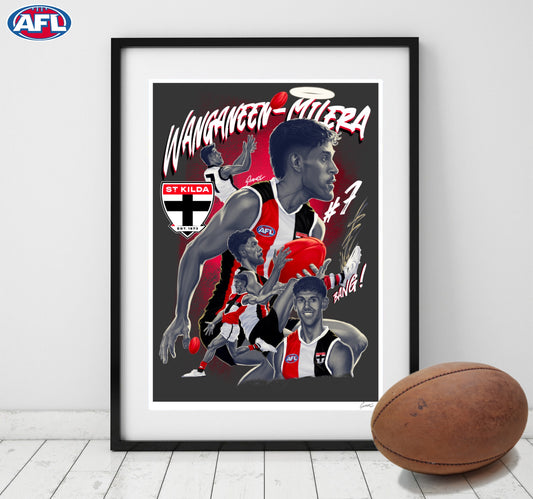 St Kilda Saints – Nasiah Wanganeen-Milera  | AFL Player Caricature Mash-Up Poster by Grange Wallis