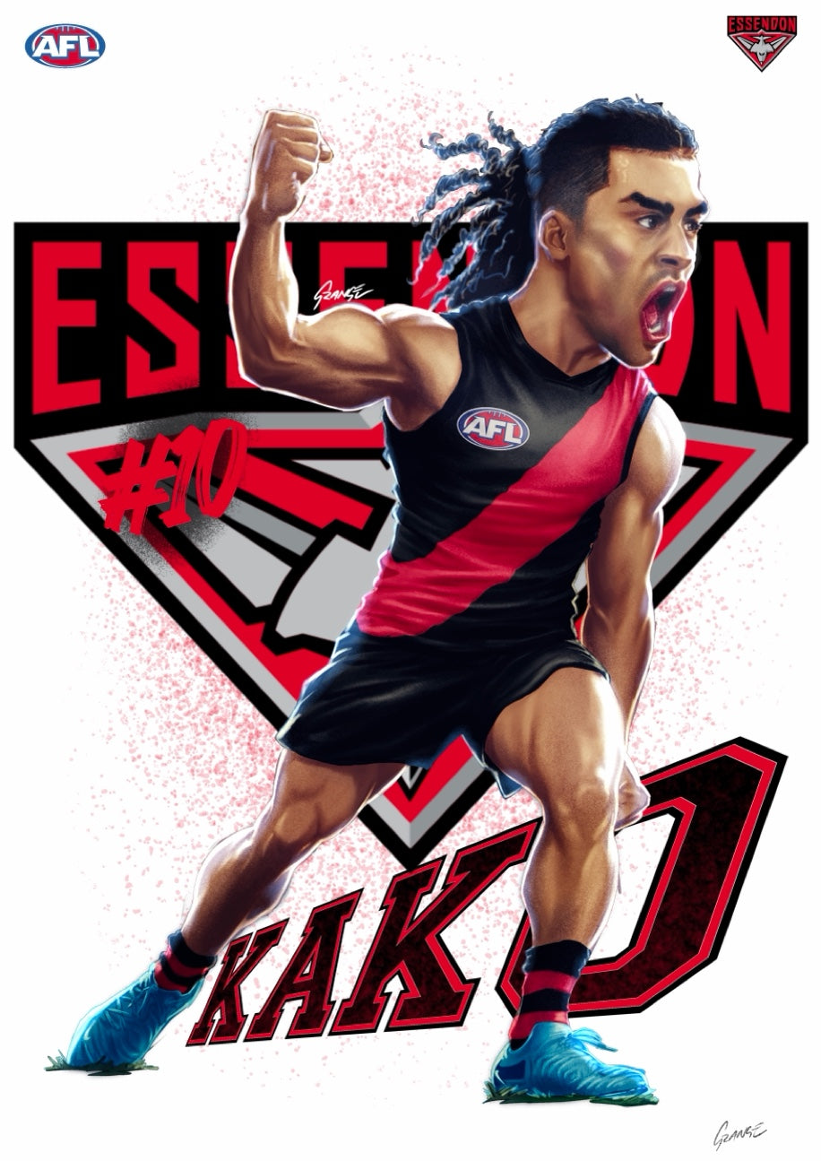 Essendon Bombers – Issac Kako | AFL Player Caricature Poster by Grange Wallis